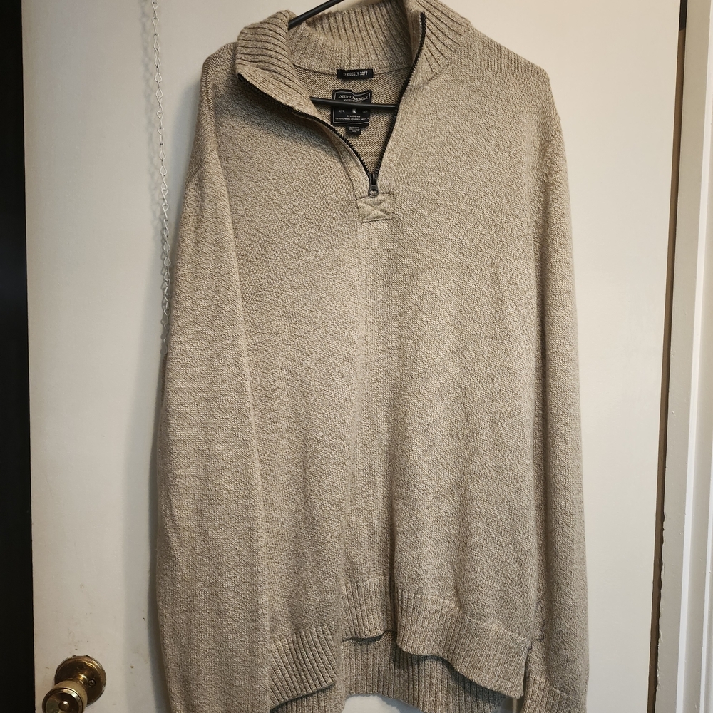 American Eagle Outfitters Men's Beige Zip-Up Sweater
